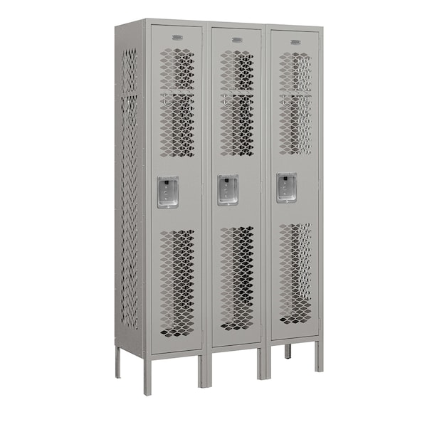 1 Tier Vented Locker, 36"Wx66"Hx12"D, 3 Door, Gray, Unassembled